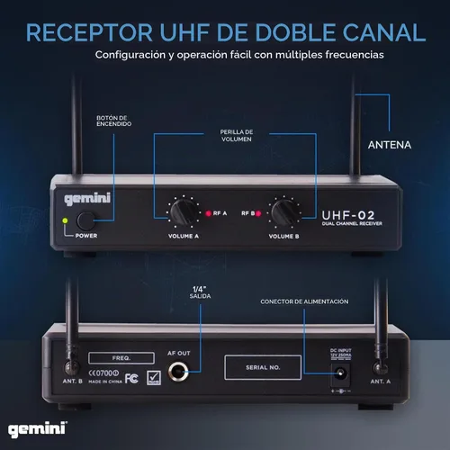 Vista 4 de Gemini Auriculares UHF de doble canal y sistema de micrófono de solapa
