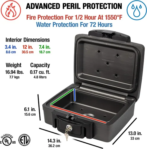 Vista 5 de Caja impermeable ignífuga SentrySafe H0100 con cerradura de llave, 0.17 pies cúbicos, negro