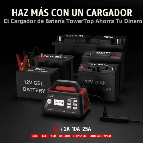 Vista 6 de TowerTop Cargador de batería inteligente de coche de 2/10/25 amperios de 12 V, mantenedor de batería completamente automático con arranque