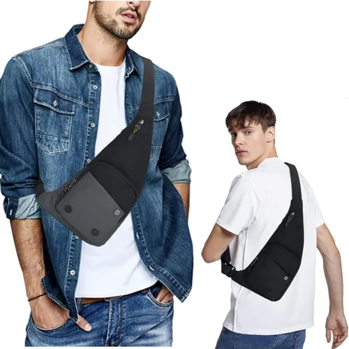 Vista 6 de Bolso bandolera delgado cruzado con bolsillo personal en el pecho, mochila antirladrón, mochila casual, riñonera para viajes, senderismo