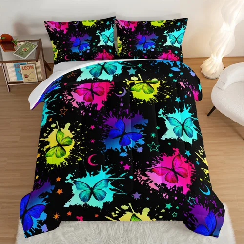 Vista 11 de Juego de edredón de mariposa HOSIMA con 2 fundas de almohada, edredón de galaxia con cielo estrellado lunar, decoración de habitación de mariposas