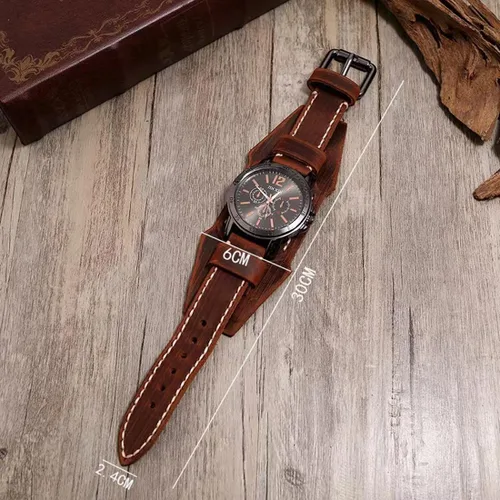 Vista 2 de MINILUJIA Hecho a mano cosido con cuerda de cera para hombre, relojes vintage punk hiphop gótico ancho de cuero brazalete redondo de cuarzo reloj