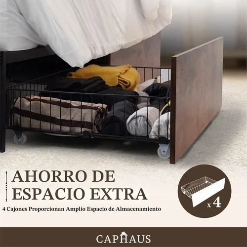 Vista 4 de CAPHAUS Base de cama de almacenamiento de metal industrial con 4 cajones, base de cama con plataforma que ahorra espacio, base de colchón