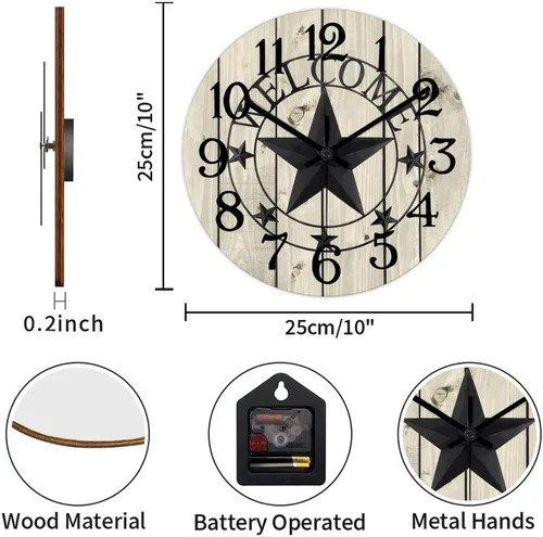 Vista 2 de Reloj de pared decorativo de 10 pulgadas con estrella del oeste de Texas, reloj de madera rústico, silencioso, sin tictac, funciona con pilas, reloj