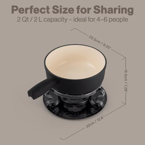 Vista 6 de Swissmar Lugano - Juego de fondue de queso de hierro fundido, 9 piezas, 2 cuartos de galón / 2 litros, ideal para derretir queso, chocolates Negro
