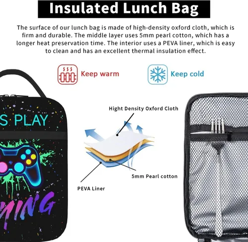 Vista 5 de SARA NELL Lonchera con controlador de juegos, bolsa de almuerzo colorida para niños, lonchera impermeable con aislamiento térmico para niños, mini