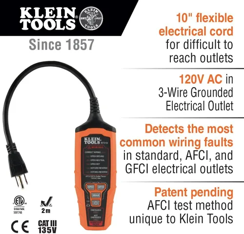 Vista 3 de Klein Tools Probador de salida RT310, probador de receptáculos AFCI y GFCI para enchufes eléctricos de CA de América del Norte