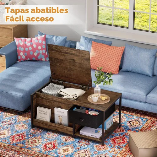 Vista 6 de SINPAID Mesa de centro con almacenamiento, mesas de centro rectangulares para sala de estar, mesa de centro de granja con compartimento de Nogal