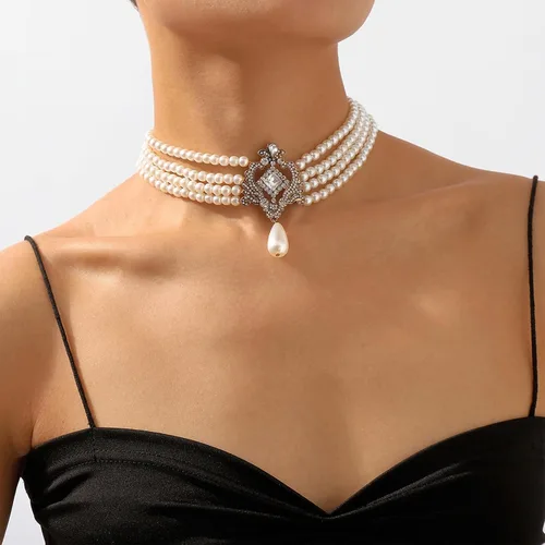 Vista 6 de NEWITIN 6 collares de perlas de diamantes de imitación para mujer, gargantilla de perlas en capas con diamantes de imitación de los años 20, collar