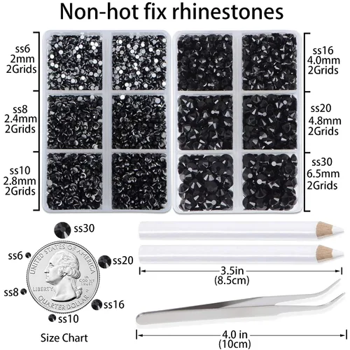 Vista 2 de LPBeads 6000 unidades de diamantes de imitación negros no termofijos, 6 tamaños, cristal redondo, con parte trasera plana, pinzas y bolígrafo
