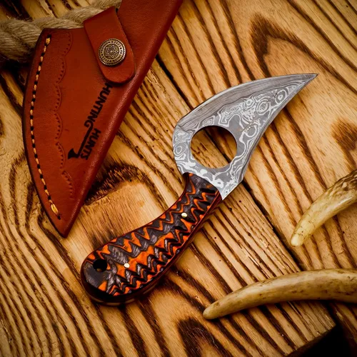 Vista 8 de Predator Hunter - Cuchillo de damasco hecho a mano con funda de cuero, para desollar, acampar, al aire libre, cuchillos de bushcraft EDC de hoja
