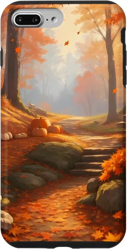 Vista 12 de iPhone 13 Pro Max Idílica escena del bosque de otoño, hojas de otoño, funda de calabazas