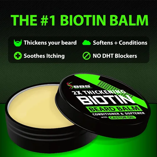 Vista 2 de Bálsamo de biotina para barba y bigote 2 veces más espesante, acondicionador vegano sin enjuague, suavizante natural, hidratante con aceite