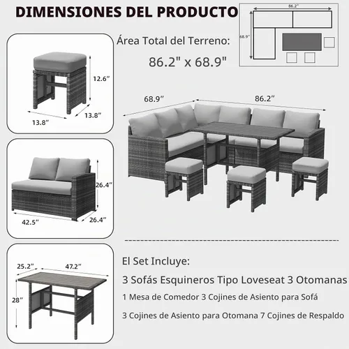 Vista 2 de AECOJOY Juego de muebles de patio al aire libre, 7 piezas de mesa de comedor y sillas seccionales de ratán, sofá de conversación de mimbre para todo