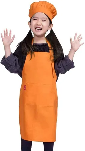 Vista 8 de Juego de delantal y gorro de chef para niños, delantal ajustable con babero para niños con 2 bolsillos. Lindo delantal de cocina para niños y niñas