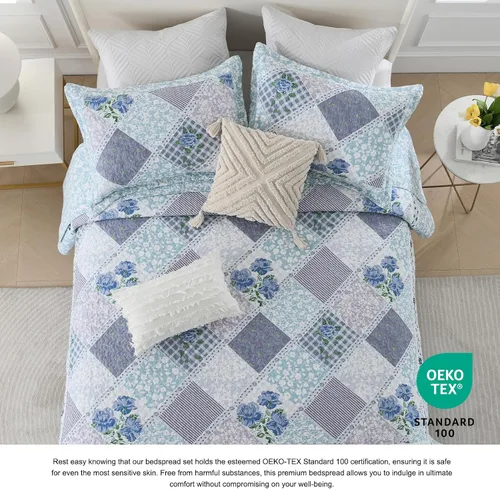 Vista 5 de DDUOXIN Colcha floral extragrande tamaño King de 128 x 120 pulgadas, edredón reversible de 100 % algodón con 2 fundas de almohada, cubrecamas de Azul