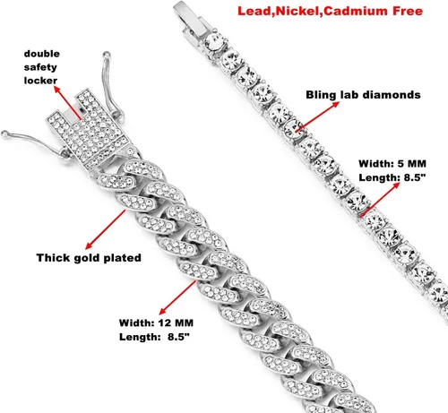 Vista 5 de HH BLING EMPIRE Pulseras de oro y plata de 14 quilates con diamantes y pulsera de eslabones cubanos para hombres y mujeres, joyería de hip hop