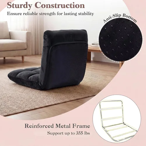 Vista 8 de Giantex Silla plegable de suelo con soporte para el respaldo, 14 posiciones ajustables, cama acolchada, sillón reclinable, sillas de video para Negro