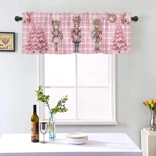 Vista 4 de Faldón de ventana con nueces rosas a cuadros, para cocina y sala de estar, 54" de ancho x 18" de largo
