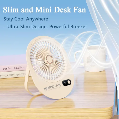 Vista 4 de Ventilador de escritorio USB, ventilador portátil pequeño y silencioso recargable, plegable en 180°, 6 velocidades, ventiladores de mesa de viento