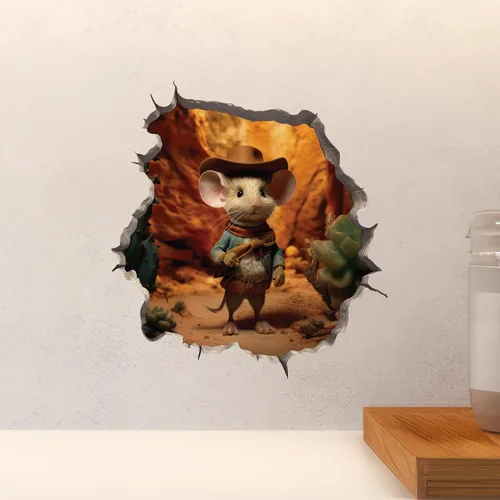 Vista 4 de Adhesivo de pared 3D con agujero de ratón de vaquero y ratón
