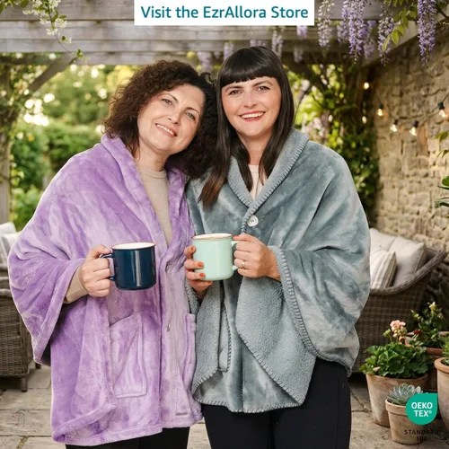 Vista 3 de EzrAllora Fleece Poncho Blanket - Drape&Go No Sleeves- Lightweight Wrap Shawl - Wearable Blanket - Easy On Easy Off