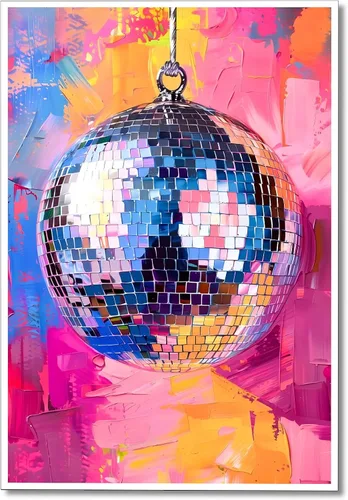Vista 11 de Arte de Pared en Lienzo de Bola de Discoteca Rosa Suave de Moda, Póster con Textura de Bola de Espejo Plateada Funky para Chica, Impresión