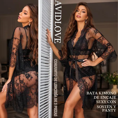 Vista 2 de Avidlove Conjunto de lencería de 3 piezas para mujer, bata de encaje Negro