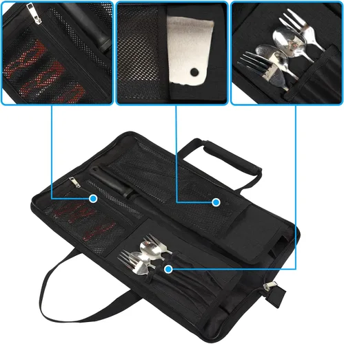 Vista 4 de Bolsa de rollo para cuchillos de chef, bolsa de cuchillo de chef Oxford resistente, estuche portátil para cuchillos de chef de 13 ranuras