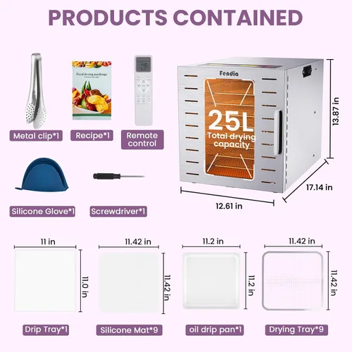 Vista 4 de Deshidratador de alimentos para carne seca, 9 bandejas grandes de acero inoxidable, deshidratador de frutas de 800 W con control remoto