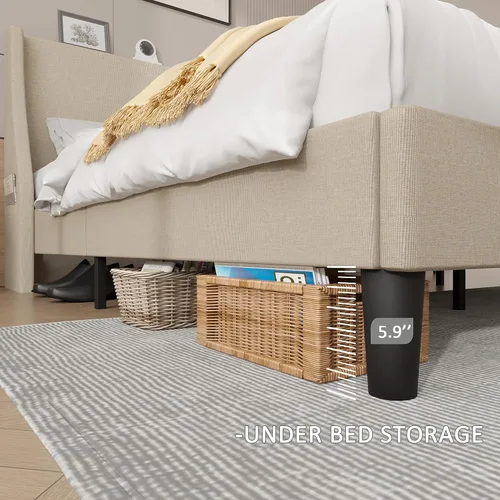 Vista 5 de VECELO Base de cama Queen con cabecera tapizada con respaldo alado, base de cama de plataforma resistente con estación de carga y bolsillos Beige