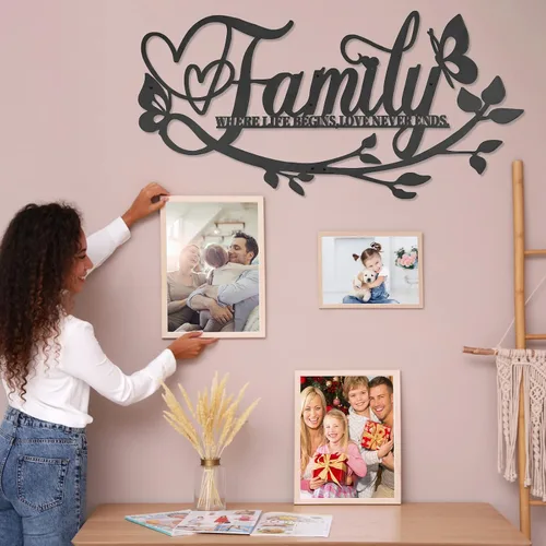 Vista 6 de AUHOKY Family Where Life Begins Love Never Ends - Letrero de metal para pared, 27 x 14 pulgadas, gran placa de hierro negro para pared, decoración