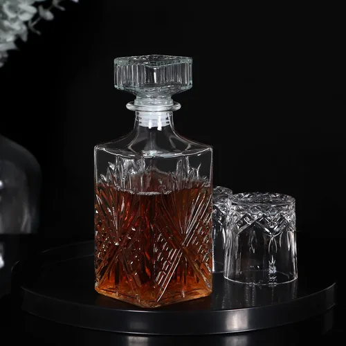 Vista 8 de MDLUU Decantador de vidrio con tapón hermético, botella de licor de 25.3 onzas líquidas para vino, whisky, brandy, vodka (flor grabada)