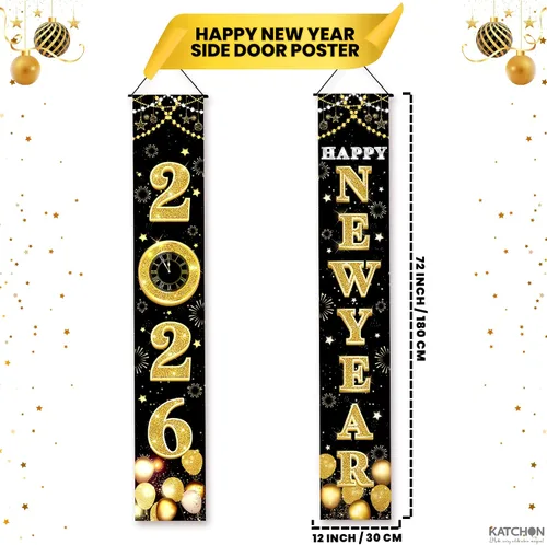 Vista 2 de KatchOn XtraLarge Pancarta de Feliz Año Nuevo 2026 – 72 x 12 pulgadas Pancarta de puerta de Feliz Año Nuevo negra y dorada para decoraciones