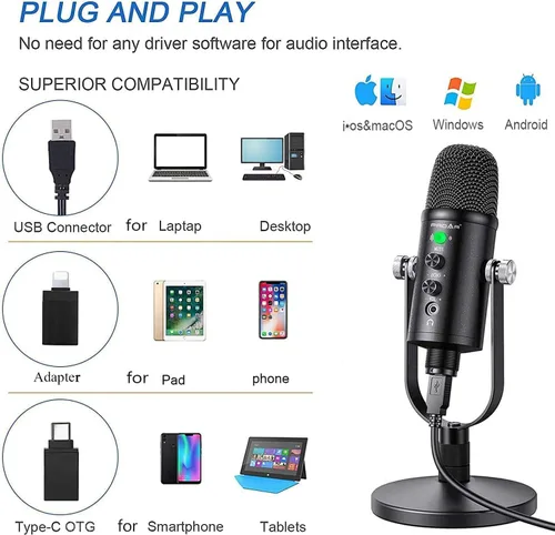 Vista 3 de Micrófono para podcast, kit de micrófono USB para teléfono, PC/Micro/Mac/Android, micrófono profesional de estudio Plug & Play con soporte