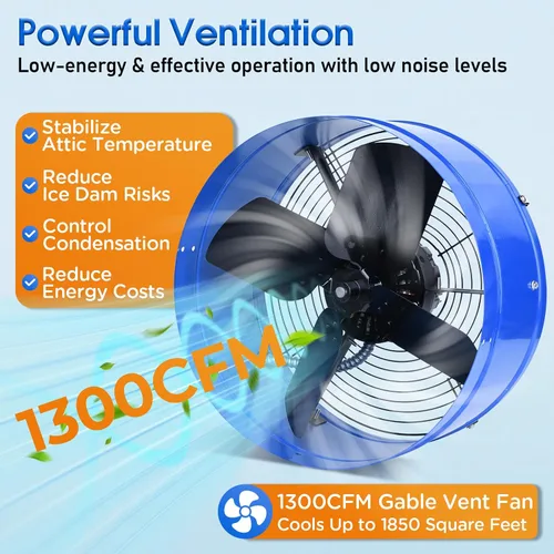 Vista 2 de Ventilador de escape de ático de 15 pulgadas con termostato - Ventilador de ventilación a dos aguas de 1300 CFM con cubiertas de termostato de 1850
