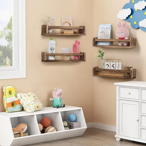 Vista 6 de Juego de 4 estantes flotantes de madera para habitación de niños, estante de libros para guardería, estante de especias de cocina (carbonizado)