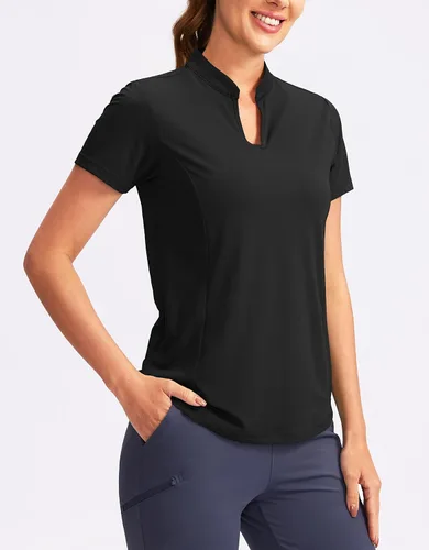 Vista 5 de Obla Polo de golf para mujer, cuello en V, manga corta, sin cuello, de secado rápido, para tenis, correr, camisetas de golf para mujer