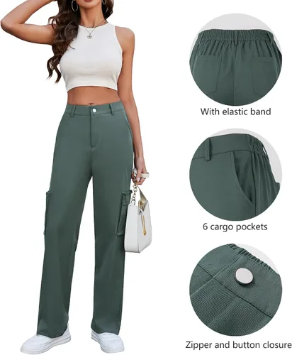 Vista 3 de ETOSELL Pantalones cargo de cintura alta para mujer, pantalones casuales de pierna ancha, elásticos, Y2K Streetwear con 6 bolsillos