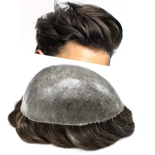 Vista 317 de Toupee para hombre 100% cabello humano real tupé para hombres 0.004 in piel de poliuretano para hombre, sistema de reemplazo de piezas de pelo