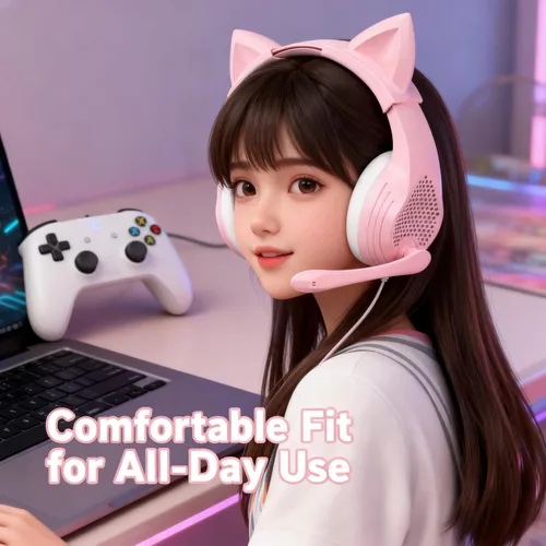 Vista 3 de GIME Pink Gaming Headset - Cute Cat Ears Wired Over Ear Headphones with Mic - Compatible with Xbox/PS4/ PS5/ PC Computer/Laptop/Phone