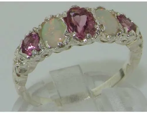 Vista 5 de Anillo de plata de ley 925 auténtica auténtica turmalina rosa y ópalo para mujer