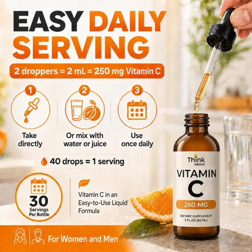 Vista 4 de Think Above Gotas líquidas de vitamina C, 250 mg por porción, vitamina C como ácido L-ascórbico, suplemento líquido de vitamina C para adultos, 30