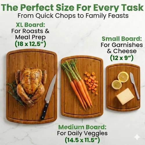 Vista 3 de Greener Chef Juego de tablas de cortar de bambú de lujo de 3 piezas con tecnología de resistencia de grano vertical carbonizada, tablas de cortar