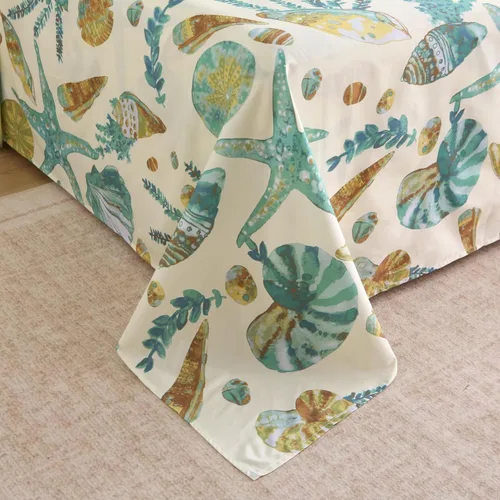 Vista 6 de ABREEZE Juego de sábanas de 4 piezas con temática de playa, 100% algodón, ropa de cama costera súper suave, color blanco, verde azulado, conchas