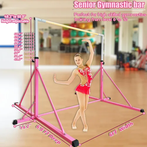 Vista 2 de Barra de gimnasia para niños y adultos de 5 a 25 años, 6 pies de ancho, base de 7.2 pies de largo, barra horizontal para gimnasia, barra kip