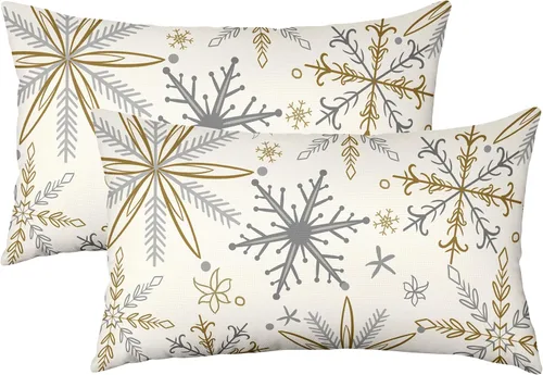 Vista 8 de Juego de 2 fundas de almohada de copos de nieve de invierno de 16 x 16 pulgadas, color amarillo, gris, gris, rústico, estampado navideño