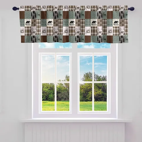 Vista 16 de Cortinas de cenefa de cabaña estilo retro, color negro y rojo, rayas de madera, cenefas de ventana para niños, adolescentes y adultos, oso salvaje