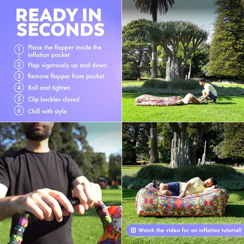 Vista 8 de Chillbo Inflatable Couch – Unique Designs - No-Pump Setup, Ripstop Polyester, Stability Pegs, Fun Prints - Portable Air Inflatable Lounger for