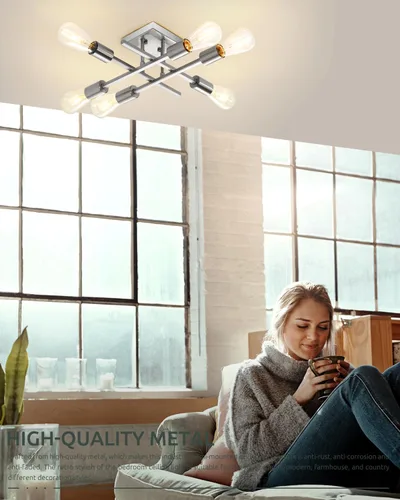 Vista 6 de Lámpara de techo semiempotrada de 6 luces, níquel cepillado industrial cerca del techo, moderna base E26 Sputnik lámpara de techo para cocina